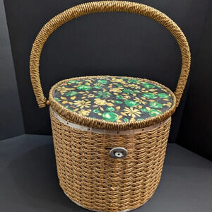 Vintage Woven Round Sewing Basket with floral Lid/Interior.